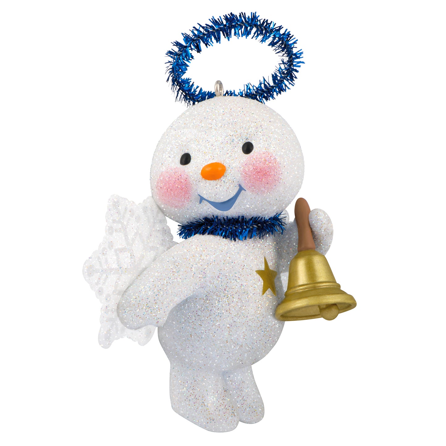 Cute snow angel with bell — 2026 Hallmark Keepsake Christmas ornament, featuring rosy cheeks, blue halo and snowflake wings, close-up view.