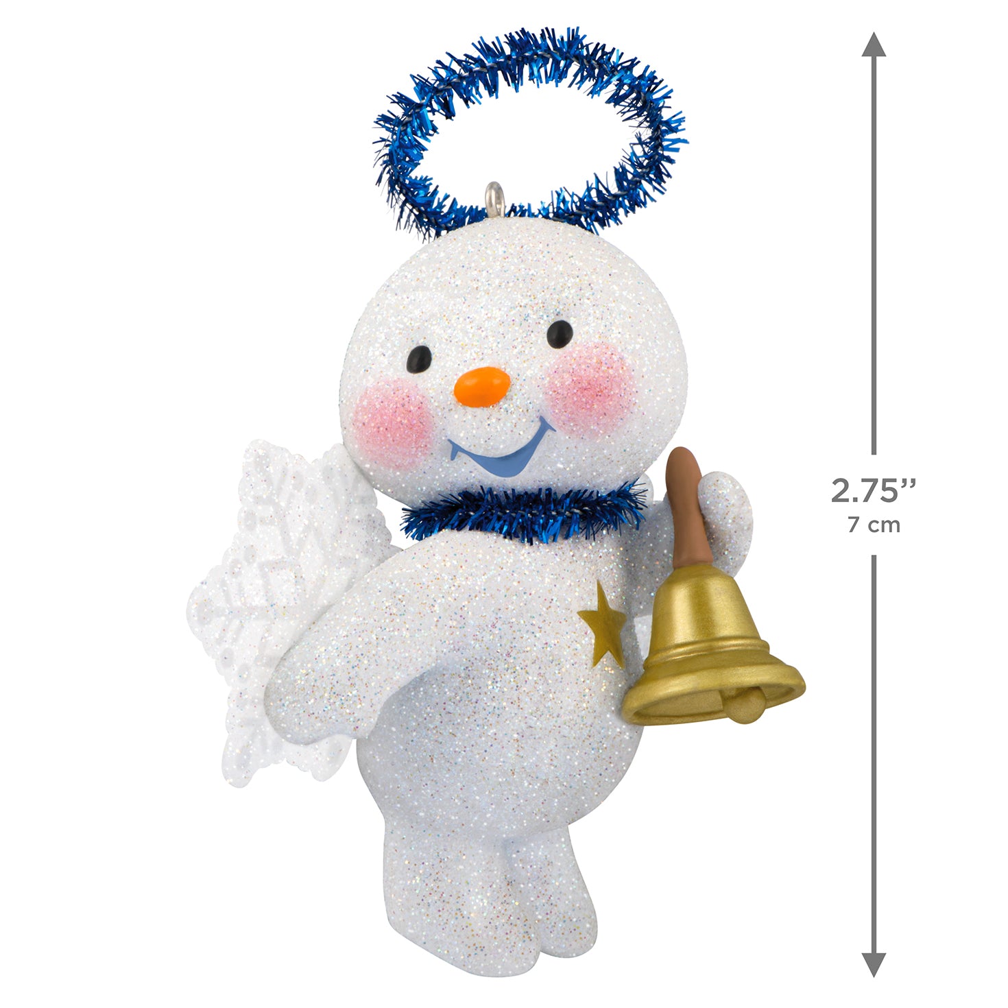Cute Snow Angel With Bell — 2026 Hallmark Keepsake Christmas Ornament featuring a glittery snowman design with a blue tinsel halo and gold bell.