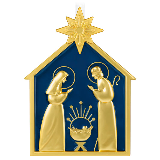 God So Loved the World Nativity, Metal — 2026 Hallmark Keepsake Christmas Ornament in navy and gold, featuring the Holy Family and Star of Bethlehem detail.