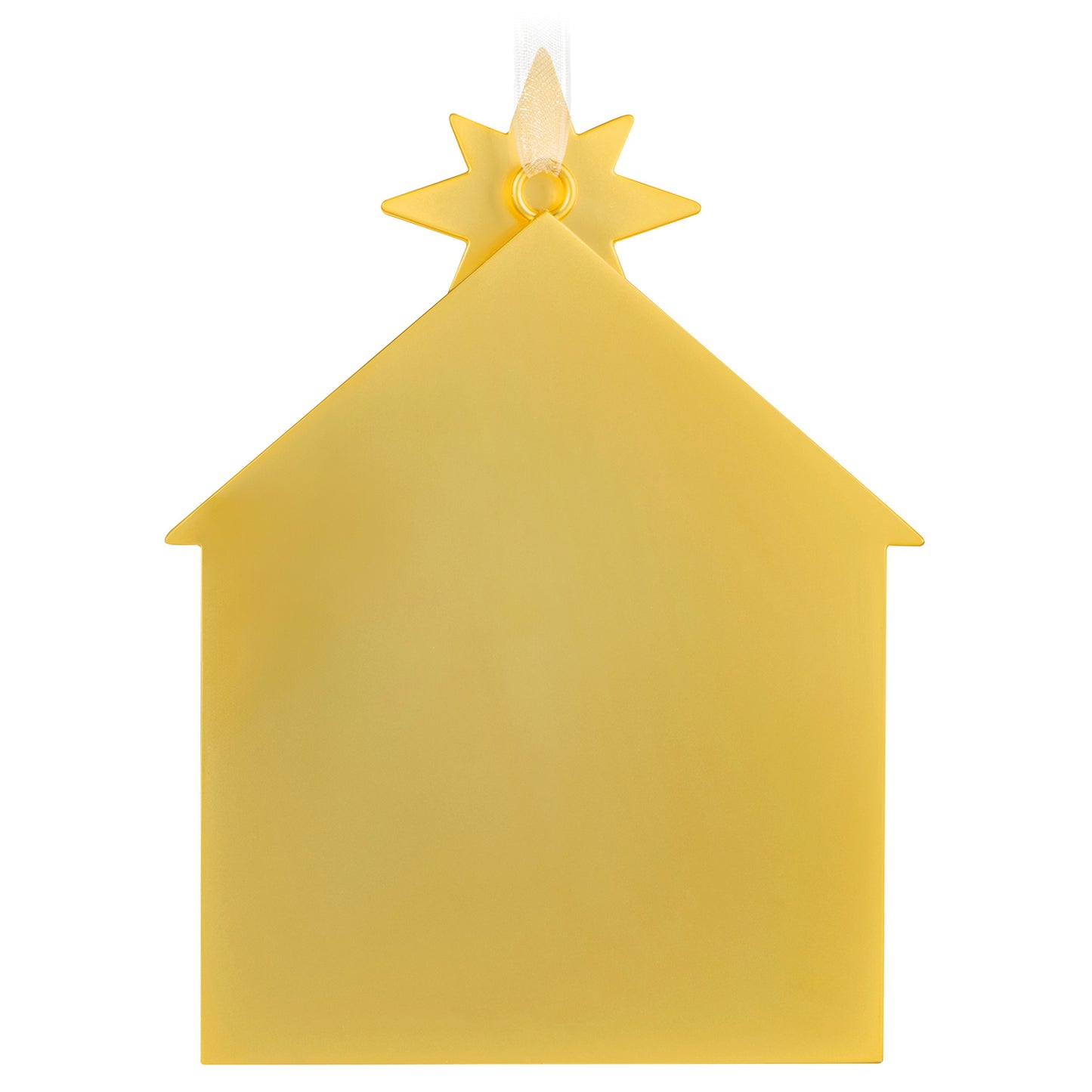 God So Loved the World Nativity, Metal — 2026 Hallmark Keepsake Christmas Ornament, yellow colour, angled view of the star-topped heart shape.