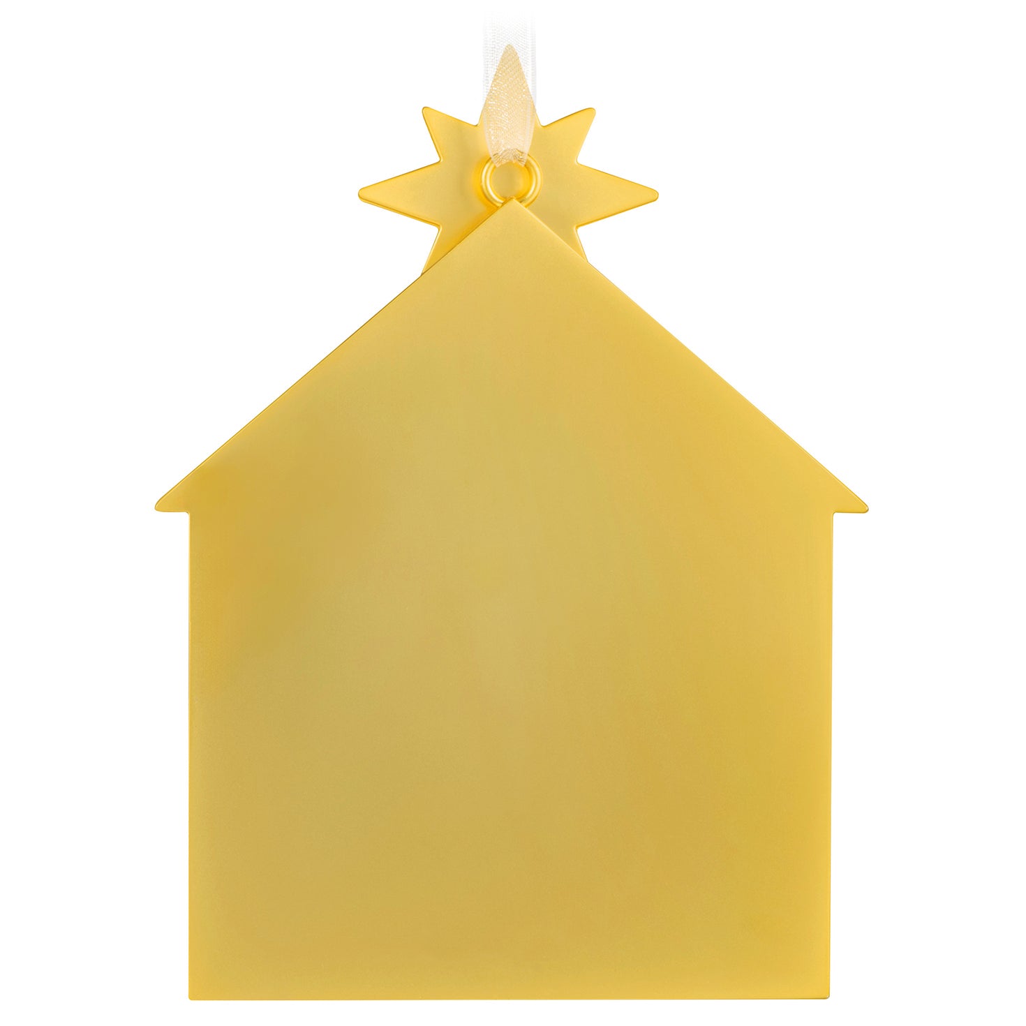 God So Loved the World Nativity, Metal — 2026 Hallmark Keepsake Christmas Ornament, yellow colour, angled view of the star-topped heart shape.