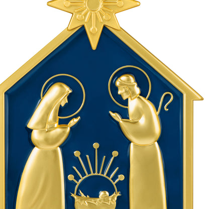 God So Loved the World Nativity, Metal — 2026 Hallmark Keepsake Christmas Ornament, navy blue and gold design featuring Holy Family in stable.