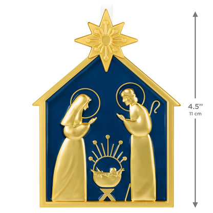 God So Loved the World Nativity, Metal — 2026 Hallmark Keepsake Christmas Ornament in navy blue and gold with detailed depiction of the Holy Family.