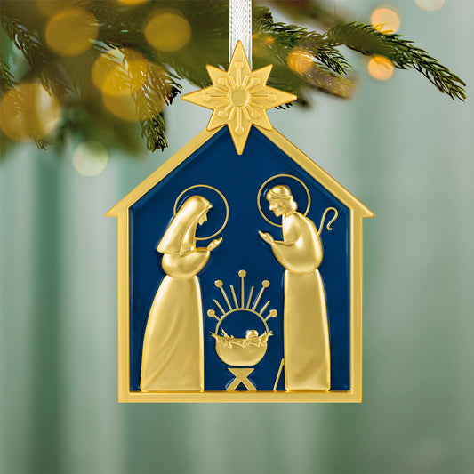 God So Loved the World Nativity, Metal — 2026 Hallmark Keepsake Christmas Ornament, navy blue and gold design with detailed Holy Family.