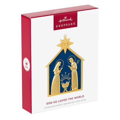 God So Loved the World Nativity, Metal — 2026 Hallmark Keepsake Christmas Ornament in gift packaging with navy and gold design.