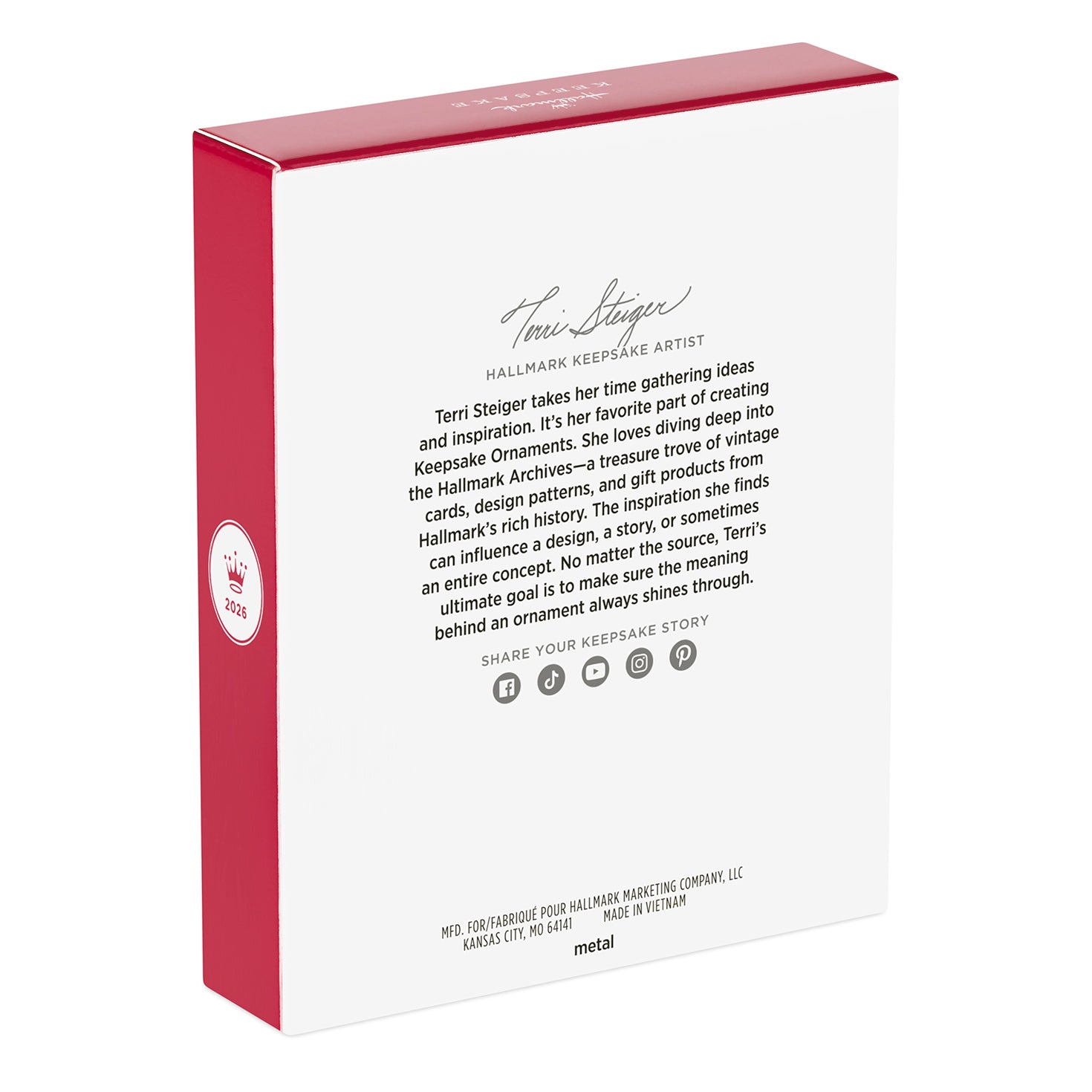 God So Loved the World Nativity, Metal — 2026 Hallmark Keepsake Christmas Ornament packaging, featuring artist Terri Steiger's signature and information.