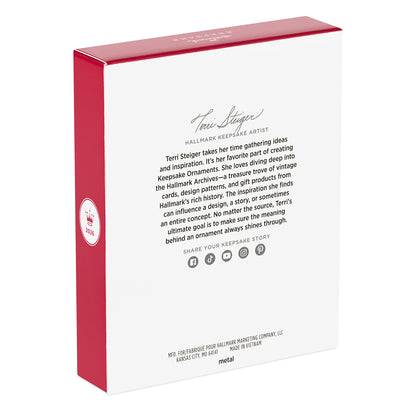 God So Loved the World Nativity, Metal — 2026 Hallmark Keepsake Christmas Ornament packaging, featuring artist Terri Steiger's signature and information.