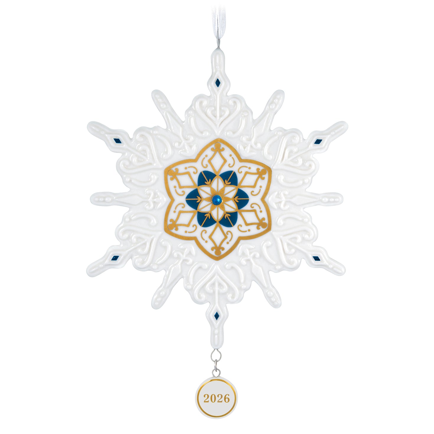 Snowflake 2026, Porcelain — 2026 Hallmark Keepsake Christmas Ornament with blue and gold accents and a year-dated charm.