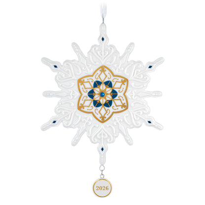 Snowflake 2026, Porcelain — 2026 Hallmark Keepsake Christmas Ornament with blue and gold accents and a year-dated charm.