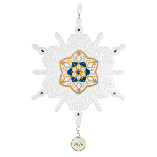 Snowflake 2026, Porcelain — 2026 Hallmark Keepsake Christmas Ornament with blue and gold accents and a year-dated charm.