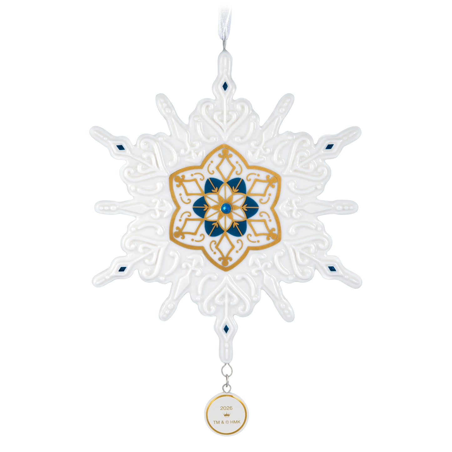 Snowflake 2026, Porcelain — 2026 Hallmark Keepsake Christmas Ornament featuring blue and gold accents, hung for display.