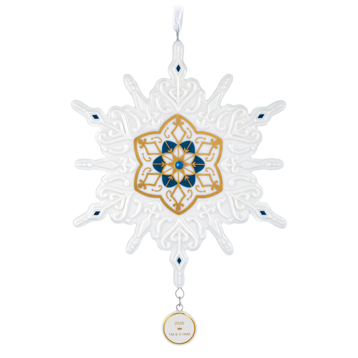 Snowflake 2026, Porcelain — 2026 Hallmark Keepsake Christmas Ornament featuring blue and gold accents, hung for display.