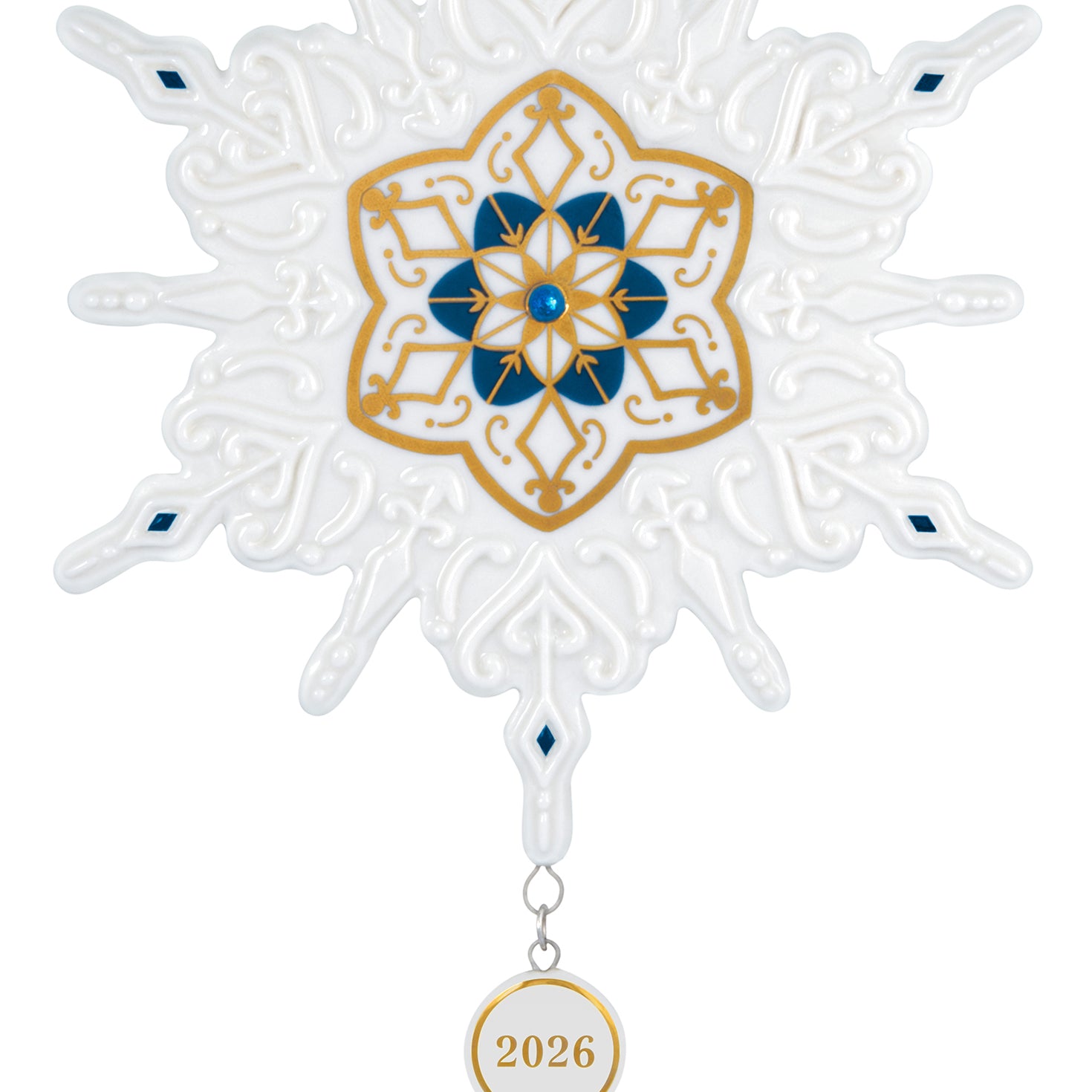 Snowflake 2026, porcelain — 2026 Hallmark Keepsake Christmas ornament with blue and gold accents and year-dated charm