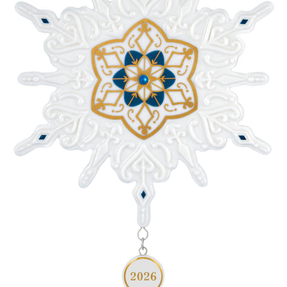 Snowflake 2026, porcelain — 2026 Hallmark Keepsake Christmas ornament with blue and gold accents and year-dated charm
