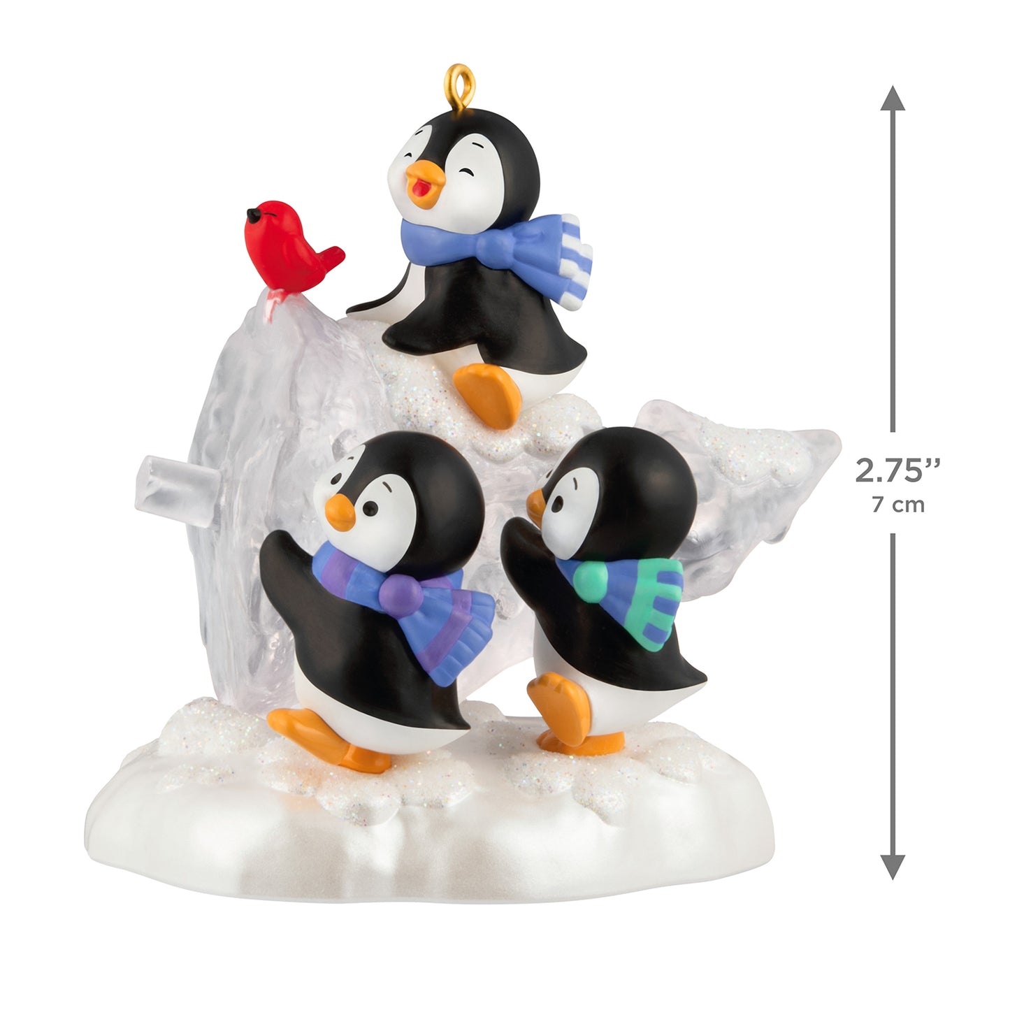 The Perfect Tree — 2026 Hallmark Keepsake Christmas Ornament with playful penguins and a red bird on a snowy base, 7 cm tall.