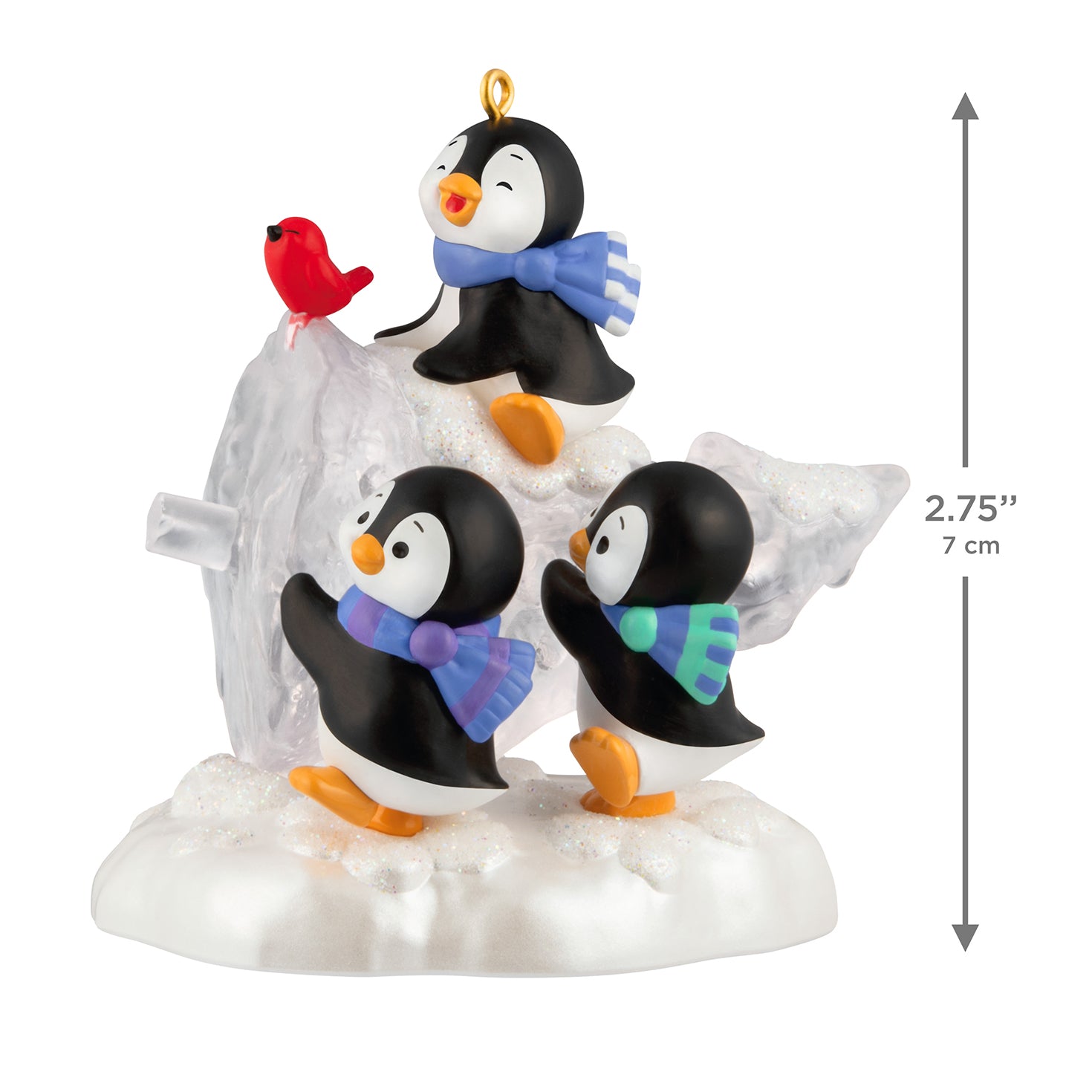 The Perfect Tree — 2026 Hallmark Keepsake Christmas Ornament with playful penguins and a red bird on a snowy base, 7 cm tall.