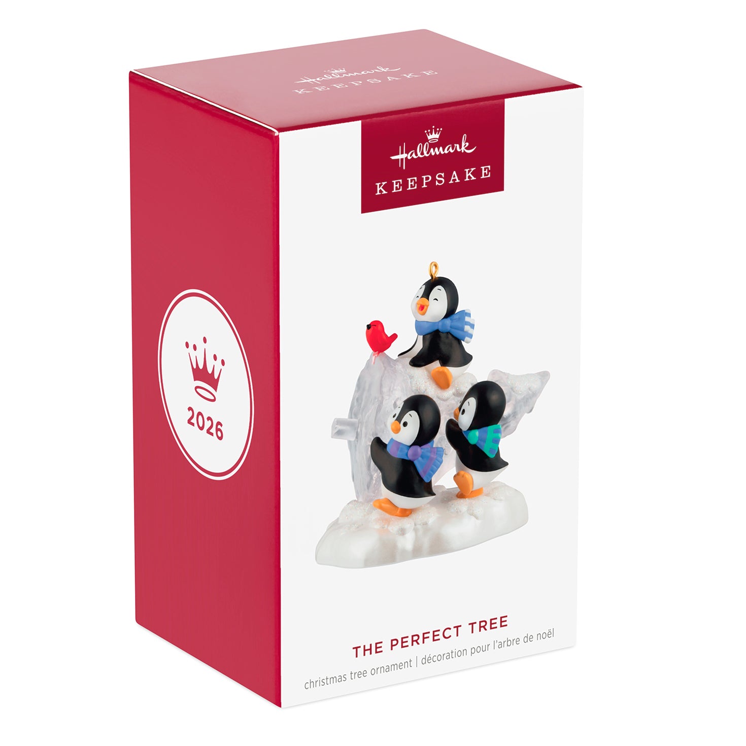 The Perfect Tree — 2026 Hallmark Keepsake Christmas Ornament in gift box featuring playful penguins and a red bird.