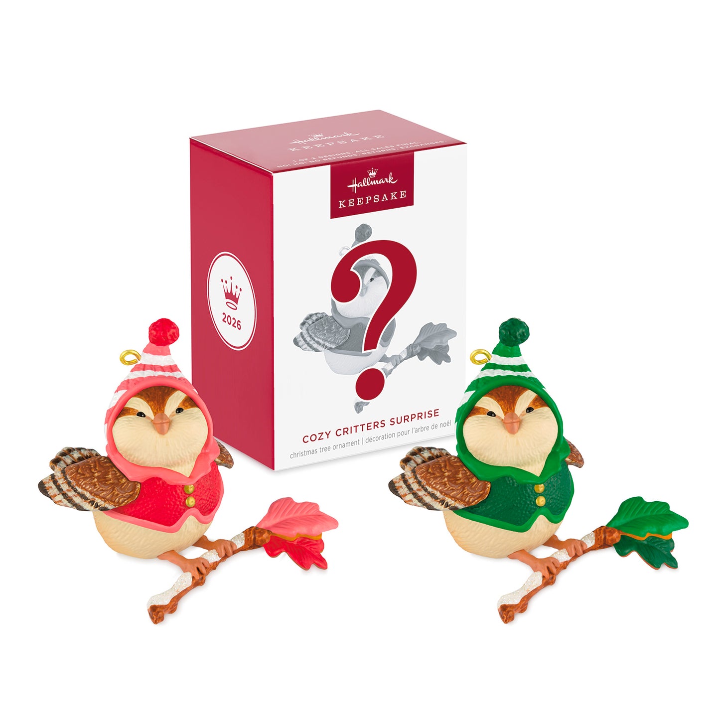 Cozy Critters Mystery — 2026 Hallmark Keepsake Christmas Ornament featuring two colourful birds in festive hats, displayed with sealed packaging.