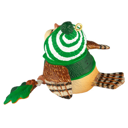 Cozy Critters Mystery — 2026 Hallmark Keepsake Christmas Ornament featuring a cute sparrow wearing a green and white beanie, detailed design.