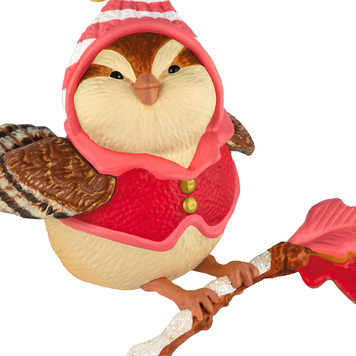 Cozy Critters Mystery — 2026 Hallmark Keepsake Christmas Ornament, cute sparrow with a red vest and hat, close up view.