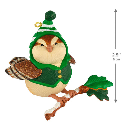 Cozy Critters Mystery — 2026 Hallmark Keepsake Christmas Ornament, cute sparrow design, green and white hat, perched on a branch, 6 cm