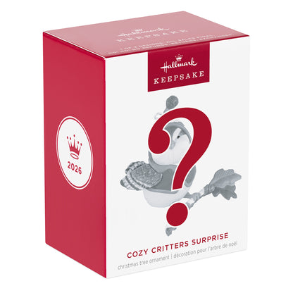 Cozy Critters Mystery — 2026 Hallmark Keepsake Christmas Ornament in packaging, featuring a mystery bird design and festive colours.