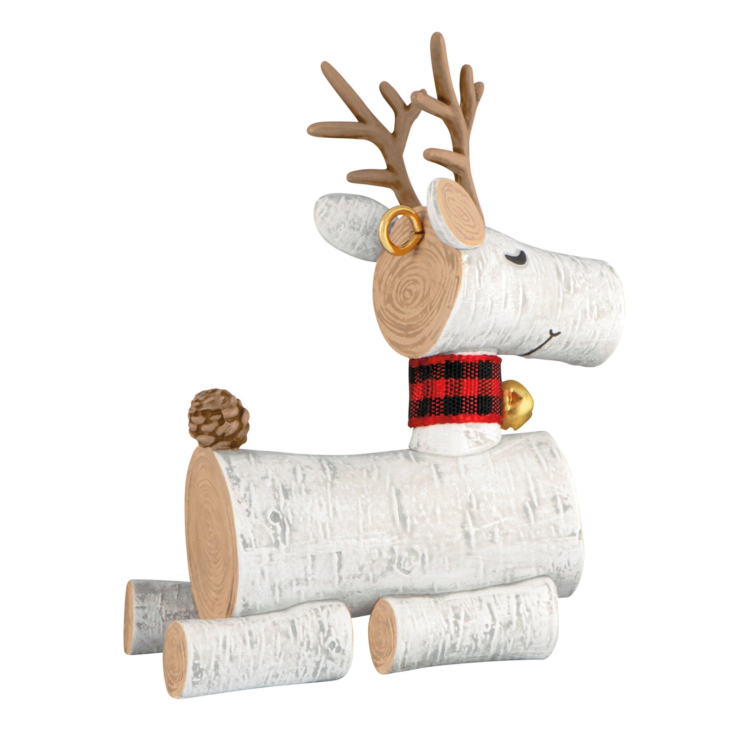Birch Reindeer — 2026 Hallmark Keepsake Christmas Ornament, whimsical wood design, checkered scarf, angled view featuring pine cone tail.