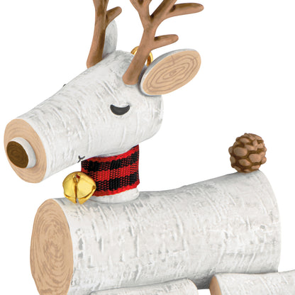 Birch Reindeer — 2026 Hallmark Keepsake Christmas Ornament with red checkered scarf and pine cone tail, angled view.