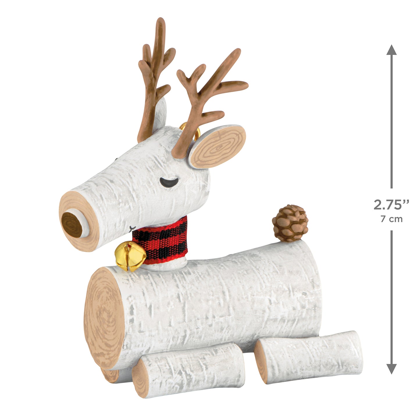 Birch Reindeer — 2026 Hallmark Keepsake Christmas Ornament, wooden with checkered scarf and pine cone tail, angled view.