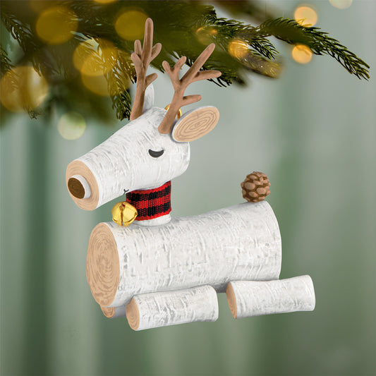 Birch Reindeer — 2026 Hallmark Keepsake Christmas Ornament featuring a birch log design, red checkered scarf, and pine cone tail.