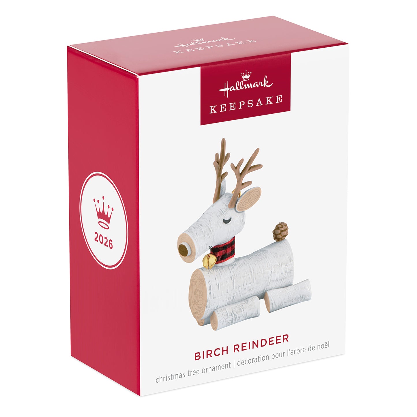 Birch Reindeer — 2026 Hallmark Keepsake Christmas Ornament in gift box, featuring whimsical birch wood design and red scarf.