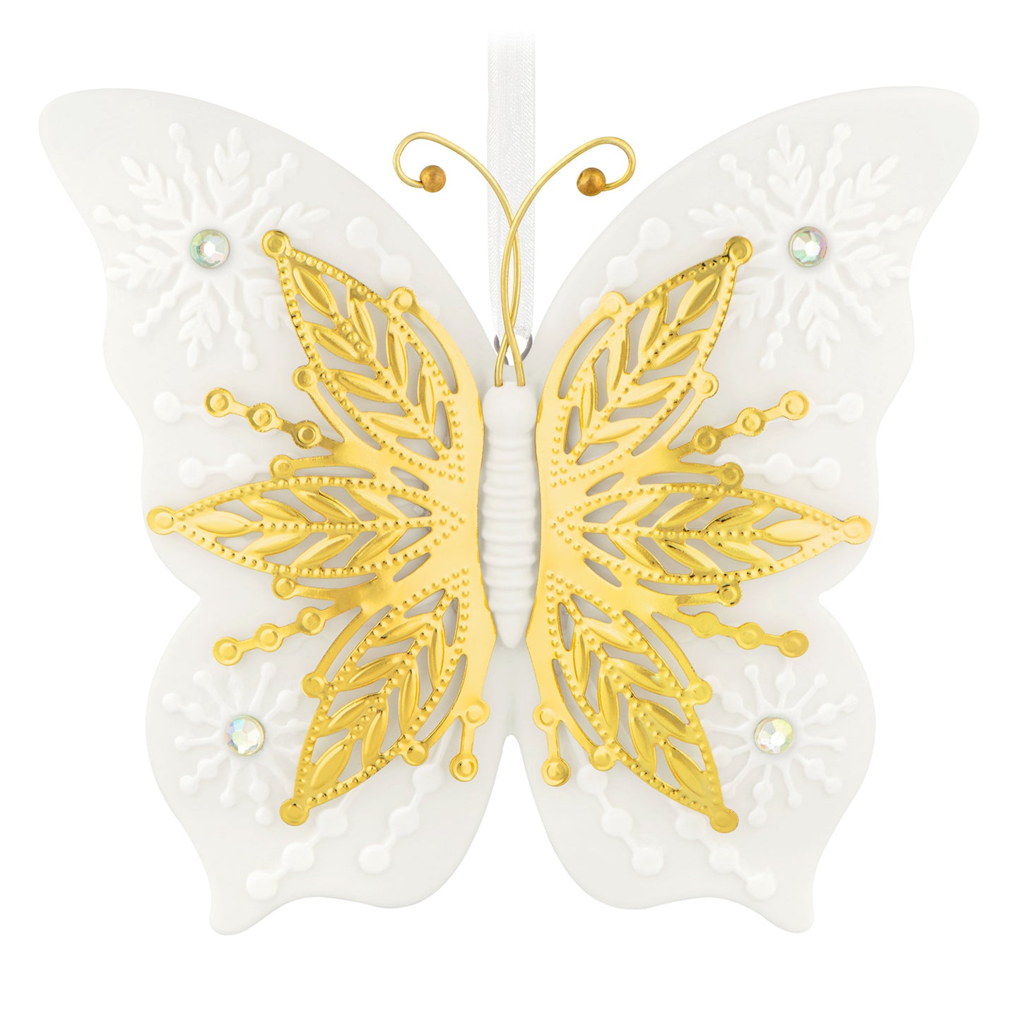 10th Anniversary Brilliant Butterflies, Porcelain and Metal — 2026 Hallmark Keepsake Christmas Ornament, detailed gold metal wings with raised snowflakes.