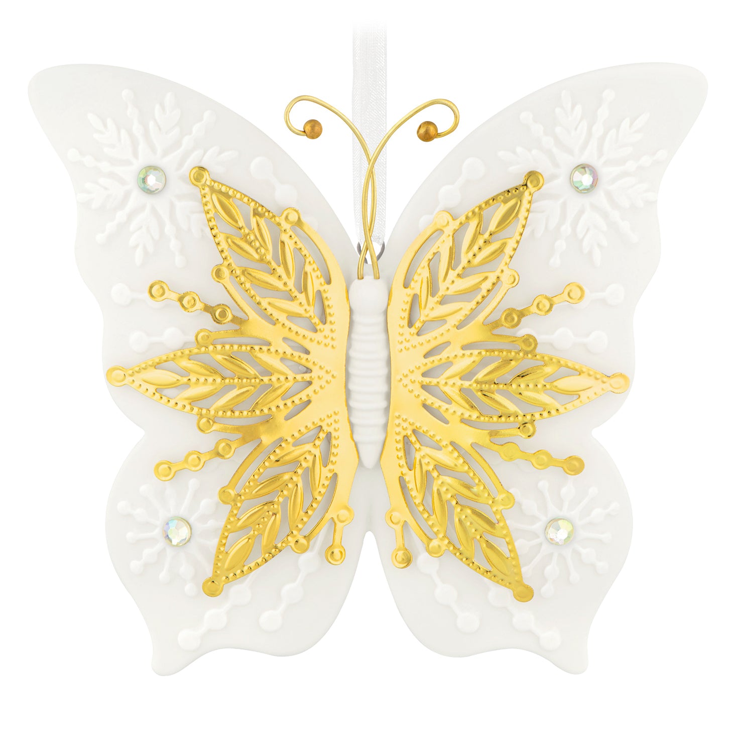 10th Anniversary Brilliant Butterflies, Porcelain and Metal — 2026 Hallmark Keepsake Christmas Ornament, detailed gold metal wings with raised snowflakes.