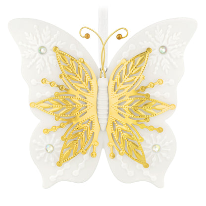 10th Anniversary Brilliant Butterflies, Porcelain and Metal — 2026 Hallmark Keepsake Christmas Ornament, detailed gold metal wings with raised snowflakes.