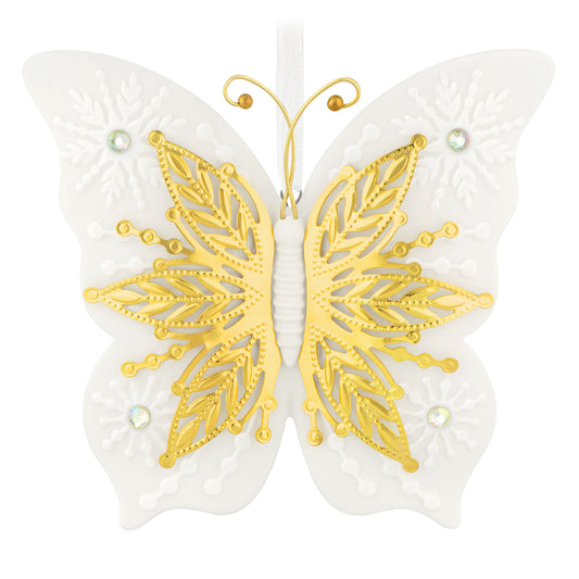 10th Anniversary Brilliant Butterflies, Porcelain and Metal — 2026 Hallmark Keepsake Christmas Ornament, detailed gold metal wings with raised snowflakes.