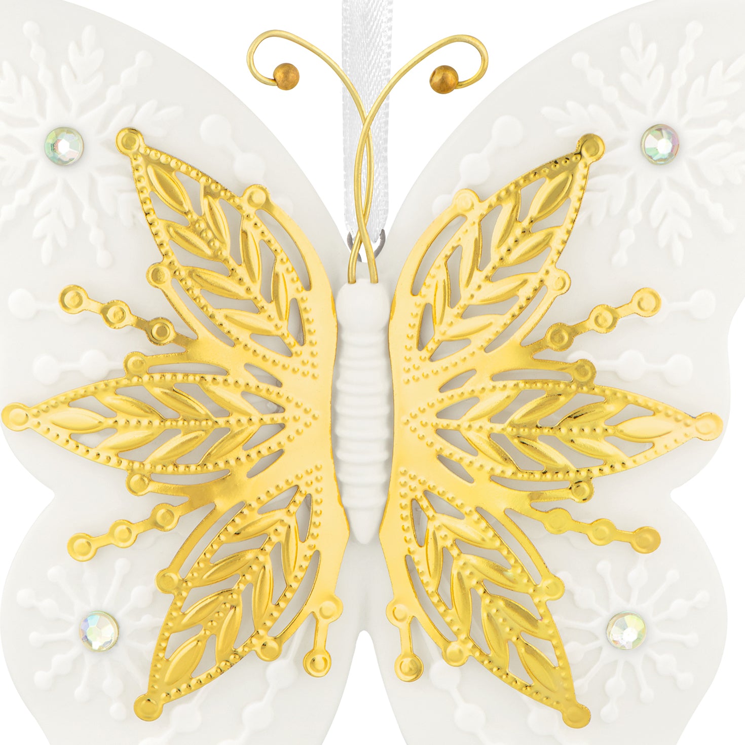 10th Anniversary Brilliant Butterflies, Porcelain and Metal — 2026 Hallmark Keepsake Christmas Ornament with intricate gold wings and sparkling gems detail.