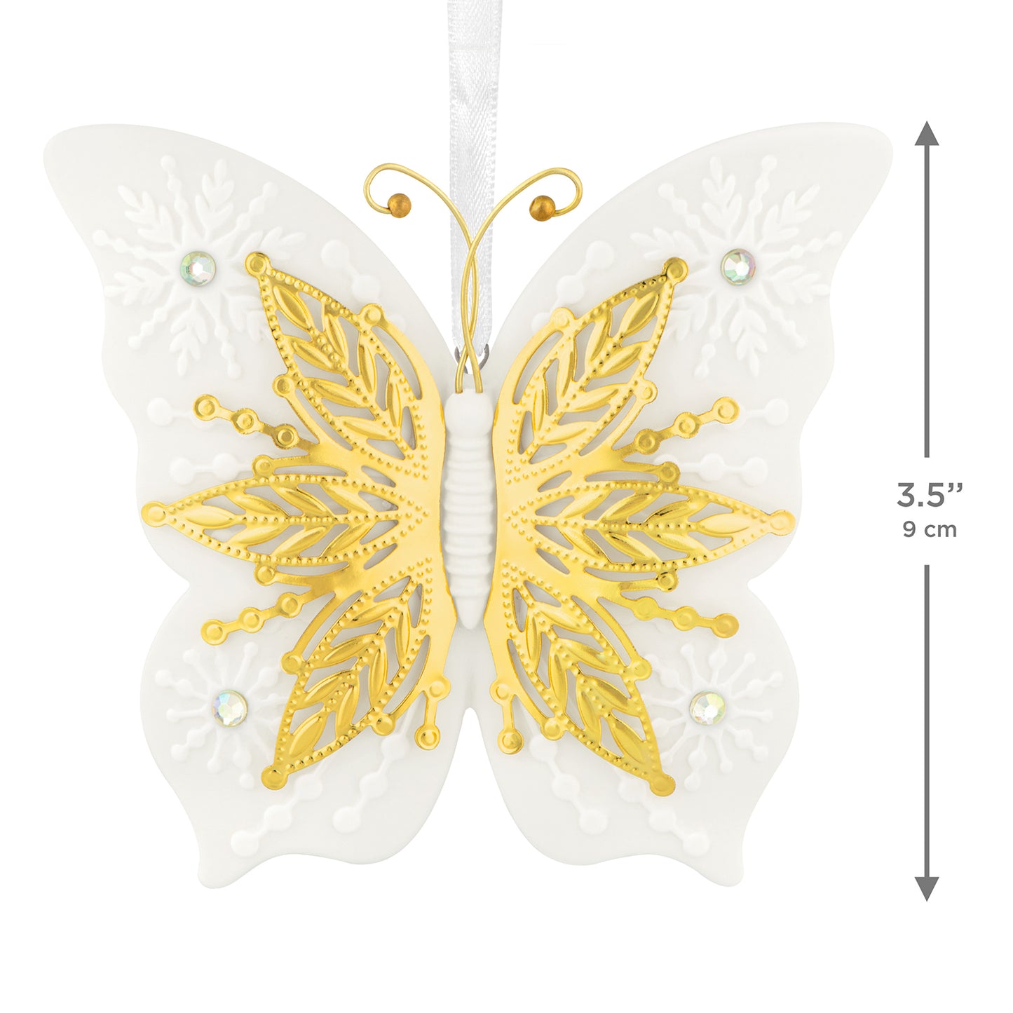 10th Anniversary Brilliant Butterflies, Porcelain and Metal — 2026 Hallmark Keepsake Christmas Ornament, white and gold, close-up view, 9 cm.