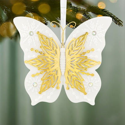 10th Anniversary Brilliant Butterflies, Porcelain and Metal — 2026 Hallmark Keepsake Christmas Ornament featuring gold metal and detailed snowflake designs in white.