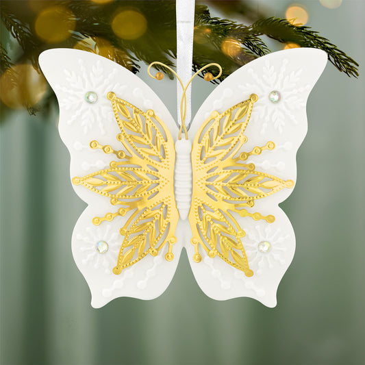 10th Anniversary Brilliant Butterflies, Porcelain and Metal — 2026 Hallmark Keepsake Christmas Ornament featuring gold metal and detailed snowflake designs in white.