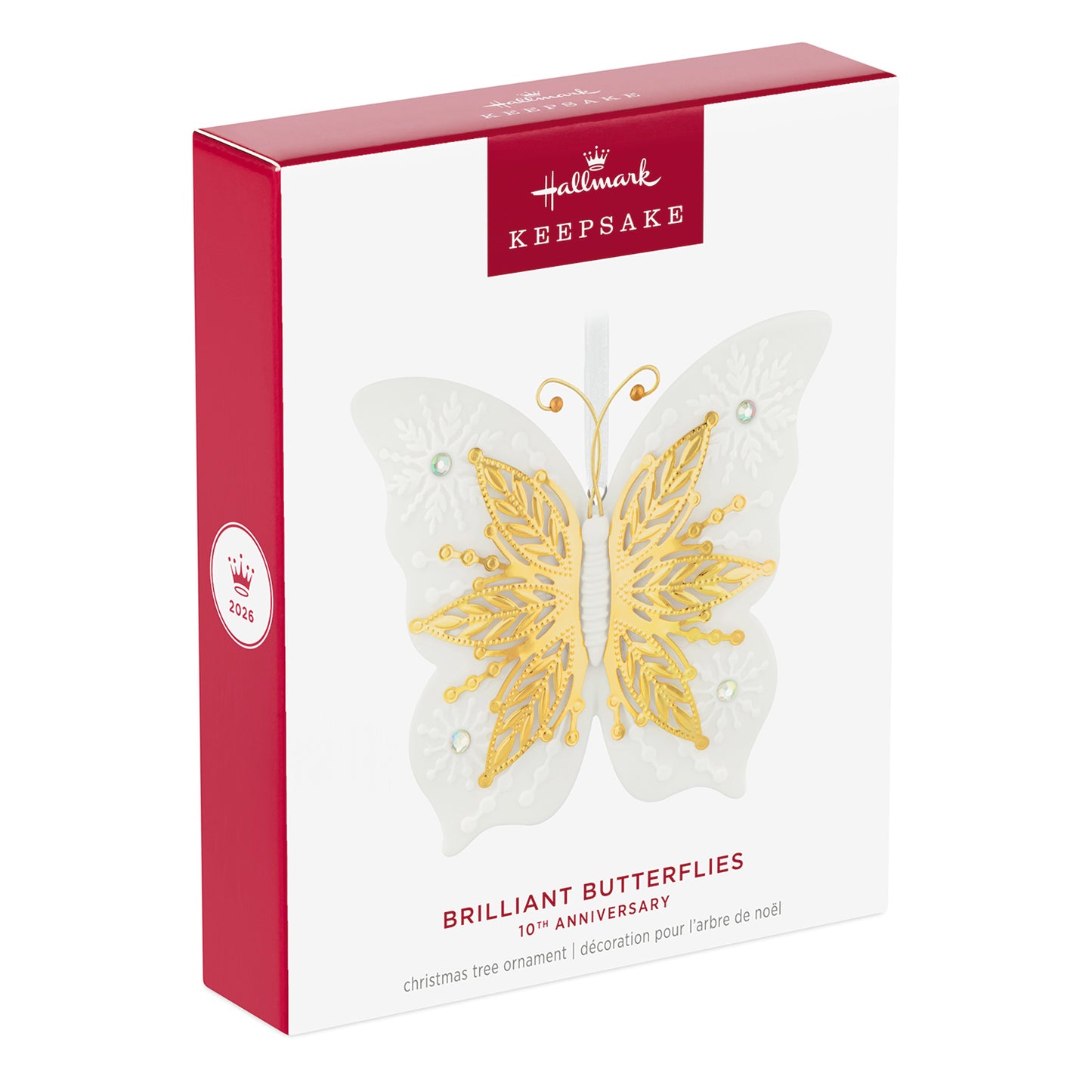 10th Anniversary Brilliant Butterflies, Porcelain and Metal — 2026 Hallmark Keepsake Christmas Ornament packaging design with decorative details.