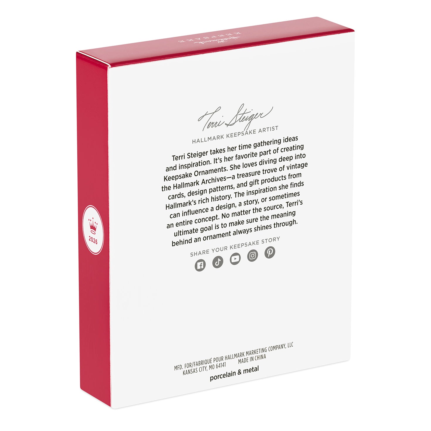 10th Anniversary Brilliant Butterflies, Porcelain and Metal — 2026 Hallmark Keepsake Christmas Ornament packaging back, featuring artist Terri Steiger's details.