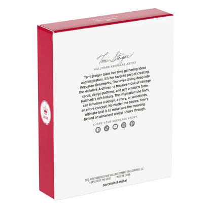 10th Anniversary Brilliant Butterflies, Porcelain and Metal — 2026 Hallmark Keepsake Christmas Ornament packaging back, featuring artist Terri Steiger's details.