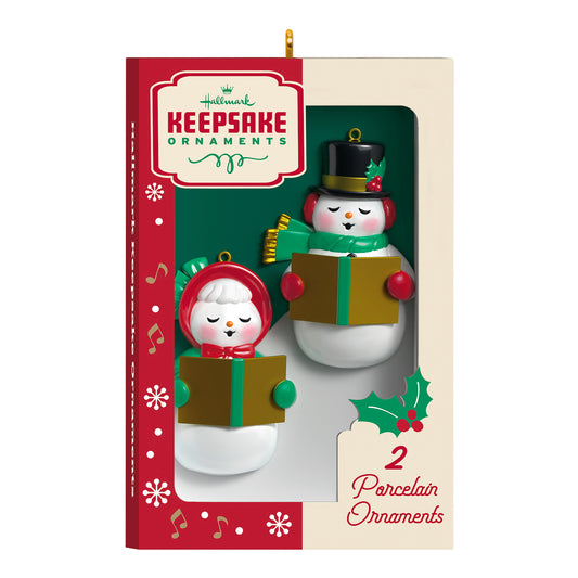 Nifty Fifties Keepsake Ornaments — 2026 Hallmark Keepsake Christmas Ornament featuring two porcelain caroling snowman ornaments in decorative box.