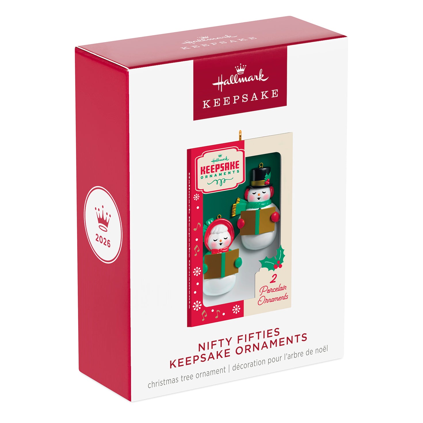 Nifty Fifties Keepsake Ornaments — 2026 Hallmark Keepsake Christmas Ornament box featuring two caroling snowman ornaments in holiday attire.