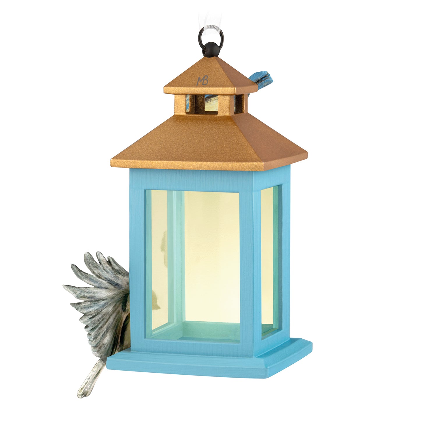 Marjolein Bastin Feathered Friends — 2026 Hallmark Keepsake Christmas Ornament featuring a blue lantern with a detailed bird design, angled view.