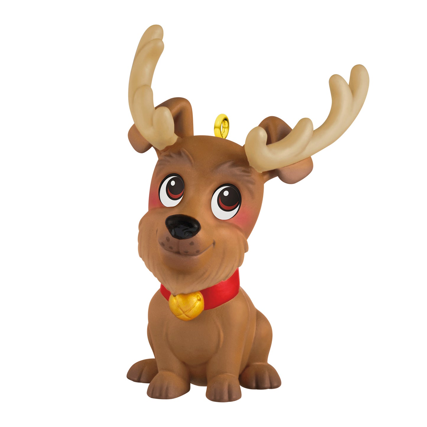 Rudy Reindoggie — 2026 Hallmark Keepsake Christmas Ornament, cute golden brown terrier with antlers and collar, close-up view.
