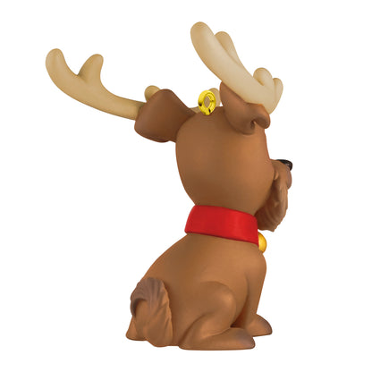 Rudy Reindoggie — 2026 Hallmark Keepsake Christmas Ornament features a golden brown dog with reindeer antlers and a red collar, angled view.