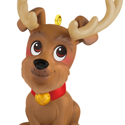 Rudy Reindoggie — 2026 Hallmark Keepsake Christmas Ornament, playful golden brown terrier with reindeer antlers and jingle bell collar, close up