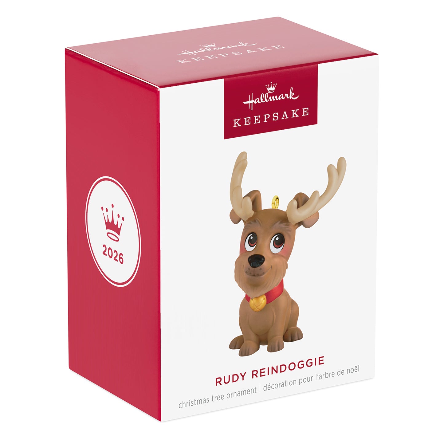 Rudy Reindoggie — 2026 Hallmark Keepsake Christmas Ornament, festive packaging, vibrant red box with gold accents.
