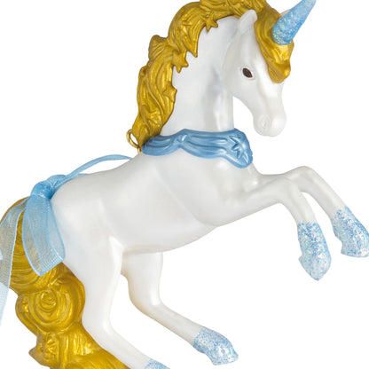 Celestial Unicorn — 2026 Hallmark Keepsake Christmas Ornament, white unicorn with gold mane, blue ribbon, and glittery details